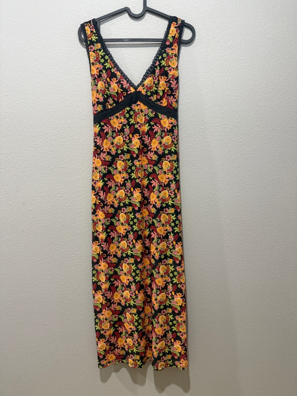 Stitch & Pine Black Floral Citrus Print Lace Trim Mide Dress Size S